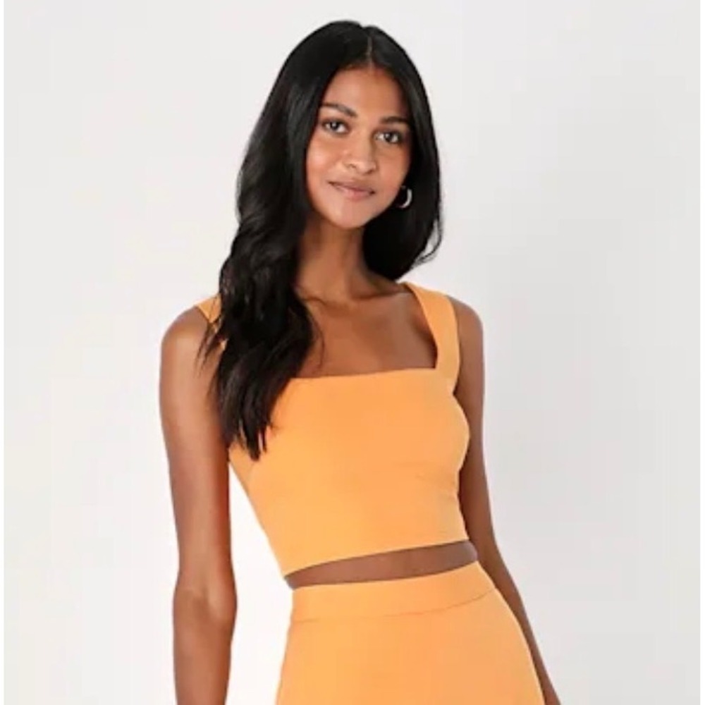 Lulus Orange Textured Crepe Square Neck Sleeveless Zip Back Crop Top Medium NEW